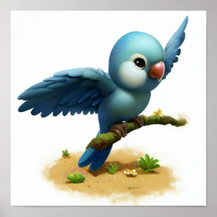 Affiche Une aquarelle 3D d'un perroquet à tête bleue