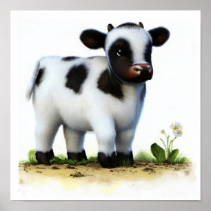Affiche Une aquarelle 3D Image d'une jeune vache Holstein