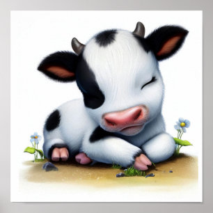 Affiche Une aquarelle 3D Image d'une jeune vache Holstein