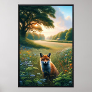 Affiche Une belle aquarelle Renard rouge au coucher du sol