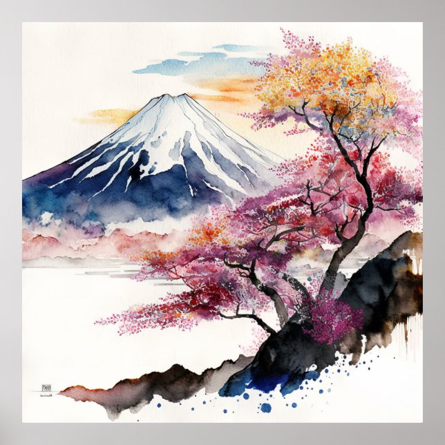 Affiche Une belle aquarelle sur le Mont Fuji (Devant)