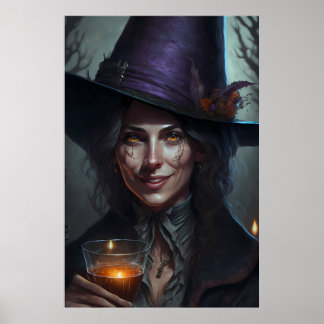 Affiche Une belle et heureuse sorcière qui boit sa potion