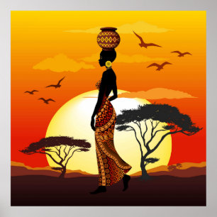 Affiche Une belle femme africaine Silhouette sur les solei