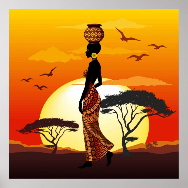 Affiche Une belle femme africaine Silhouette sur les solei (Devant)