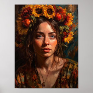 Affiche Une belle femme avec des tournesols dans les cheve