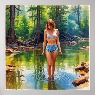 Affiche Une belle fille dans l'étang couleur huile Peintur