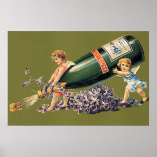 Affiche Une Bonne Année, Anges Vintage avec Champagne