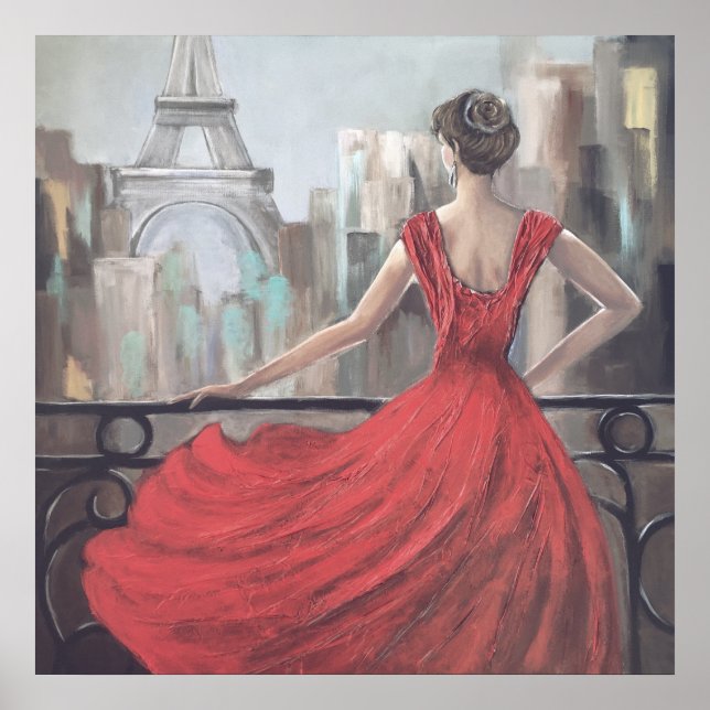 Affiche Une dame artiste en robe rouge à Paris (Devant)
