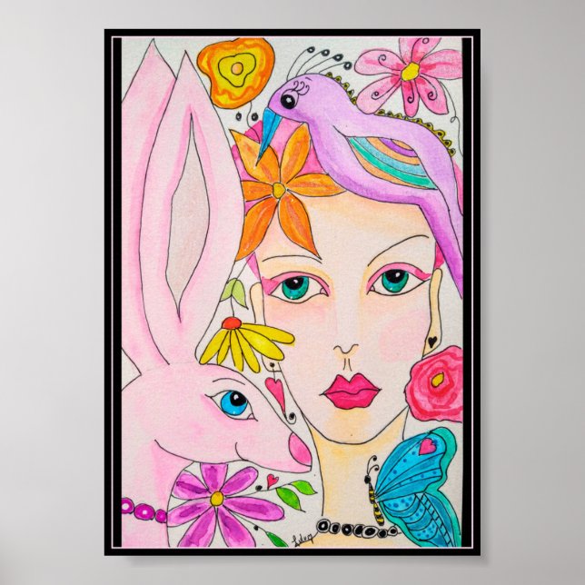 Affiche Une dame, un lapin et un oiseau (Devant)