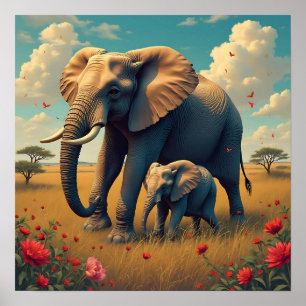 Affiche Une douce maman sentimentale et un éléphant de béb