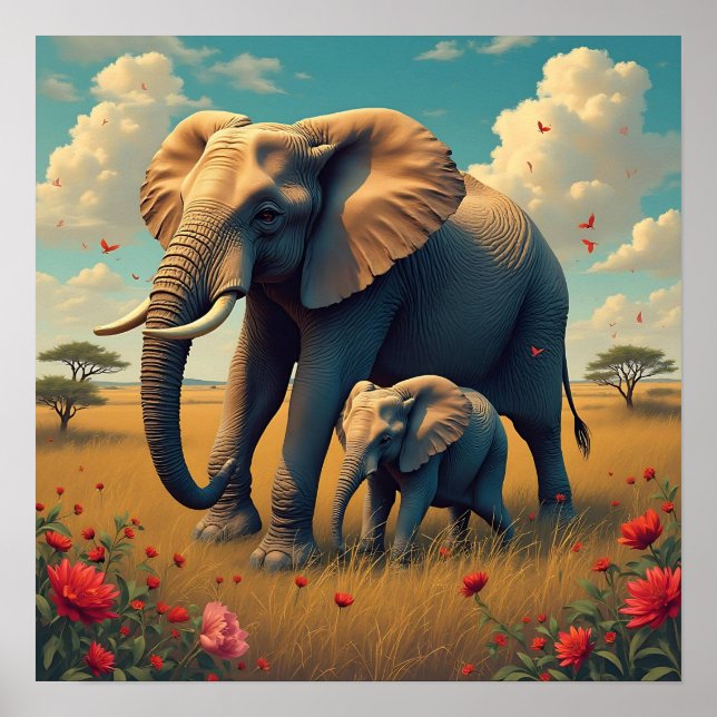 Affiche Une douce maman sentimentale et un éléphant de béb (Devant)