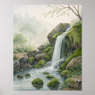 Affiche Une étude de cascade forestière sereine à l'aquare