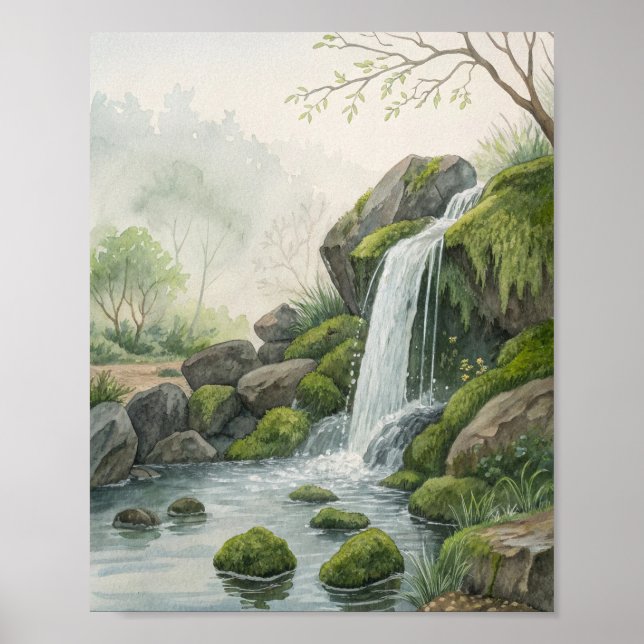 Affiche Une étude de cascade forestière sereine à l'aquare (Devant)