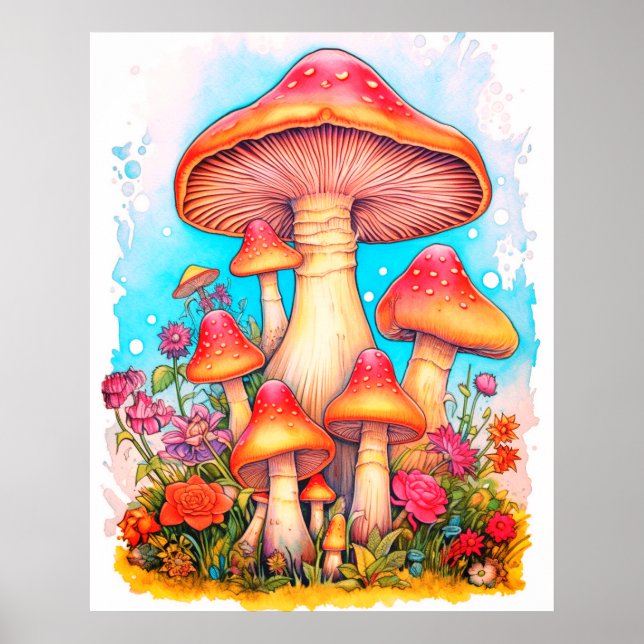 Affiche Une famille de champignons fond blanc sur un mur (Devant)