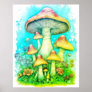 Affiche Une famille de champignons verts sur fond blanc mu