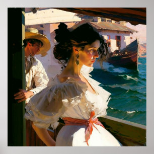 Affiche Une femme à bord d'un navire entrant dans un port
