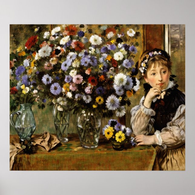 Affiche Une femme assise à côté d'un vase de fleurs (Devant)