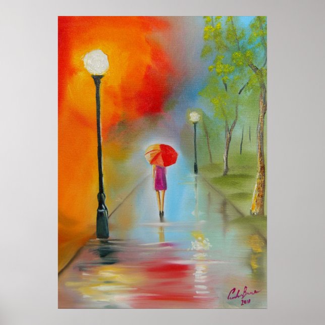 Affiche Une femme avec un parapluie rouge peint le jour de (Devant)