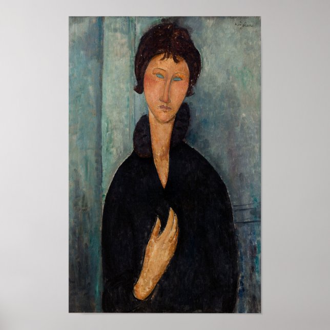 Affiche Une femme de Modigliani en noir avec de l'art bleu (Devant)