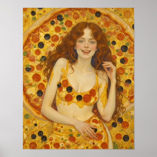 Affiche Une femme joyeuse avec une robe pizza (Devant)
