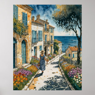 Affiche Une femme marche dans un village côtier français