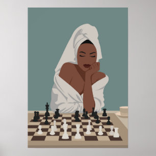 Affiche Une femme noire jouant aux échecs, style boho.