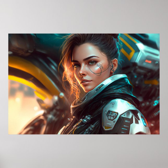 Affiche Une femme pilote dans une ville de l'avenir affich (Devant)