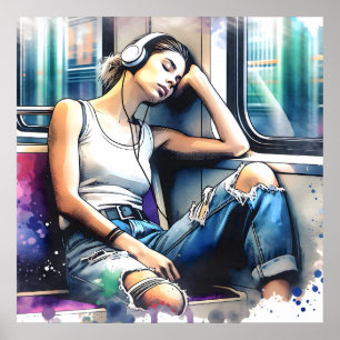 Affiche Une femme qui dort dans le métro à écouter de la m