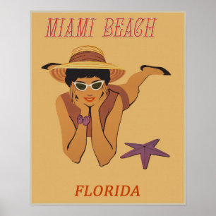 Affiche Une Femme Rétro Tanning Sur Miami Beach