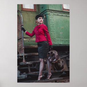 Affiche Une femme rétro vintage à la gare