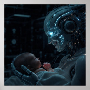 Affiche Une femme robotique accrochée à un bébé