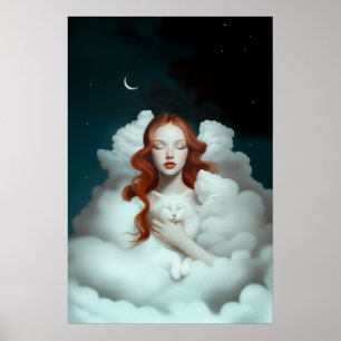 Affiche Une femme rouge haïe tenant un chat dans les nuage