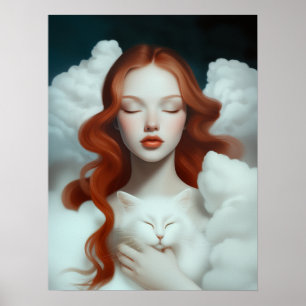 Affiche Une femme rouge haïe tenant un chat dans les nuage