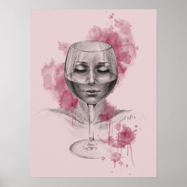 Affiche Une femme visage dans le verre de vin dessin surré (Devant)