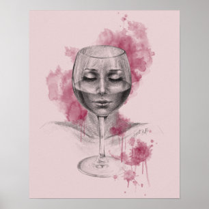 Affiche Une femme visage dans le verre de vin dessin surré