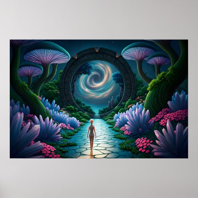 Affiche Une figure extraterrestre marche vers une planète  (Devant)