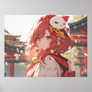 Affiche Une fille d'anime traditionnelle aux cheveux rouge