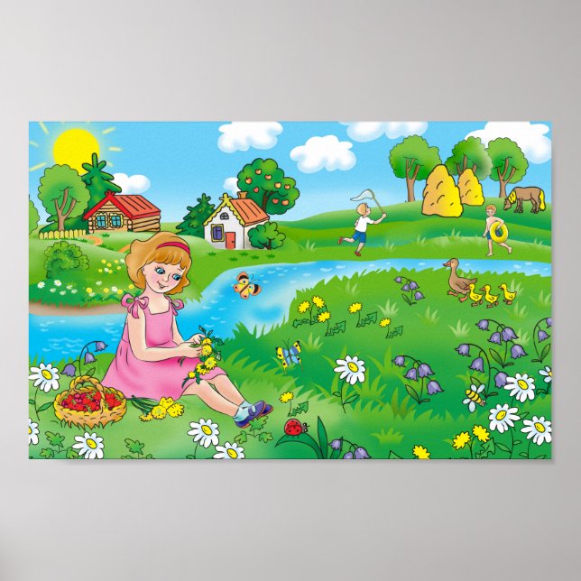 Affiche Une fille dans la prairie, en été. (Devant)