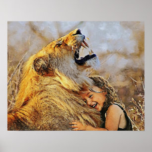 Affiche Une fille embrassant le mur d'art du lion pour déc