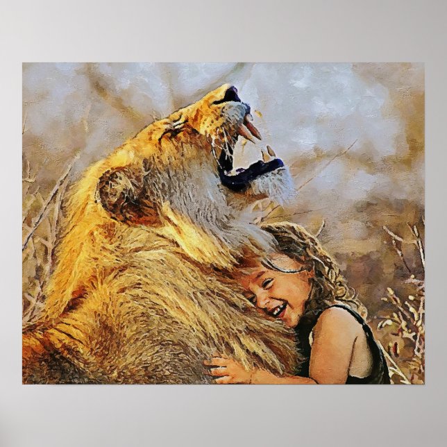 Affiche Une fille embrassant le mur d'art du lion pour déc (Devant)