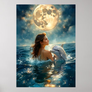 Affiche Une fille et un bébé dauphin nagent dans la mer