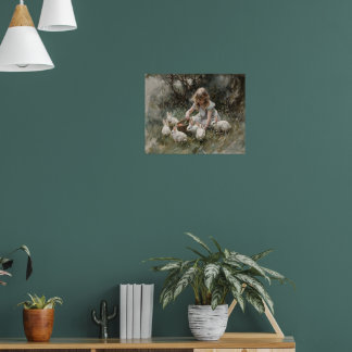 Affiche Une Fille Nourrir Des Lapins Blancs Peinture Impre
