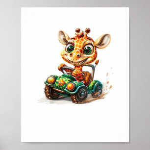 Affiche Une girafe mignonne conduisant une voiture sur la