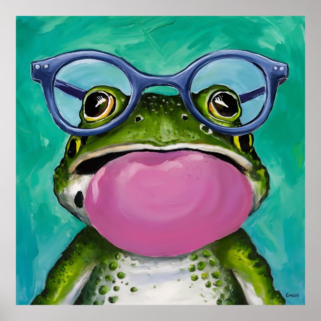 Affiche Une grenouille portant des lunettes et soufflant u (Devant)