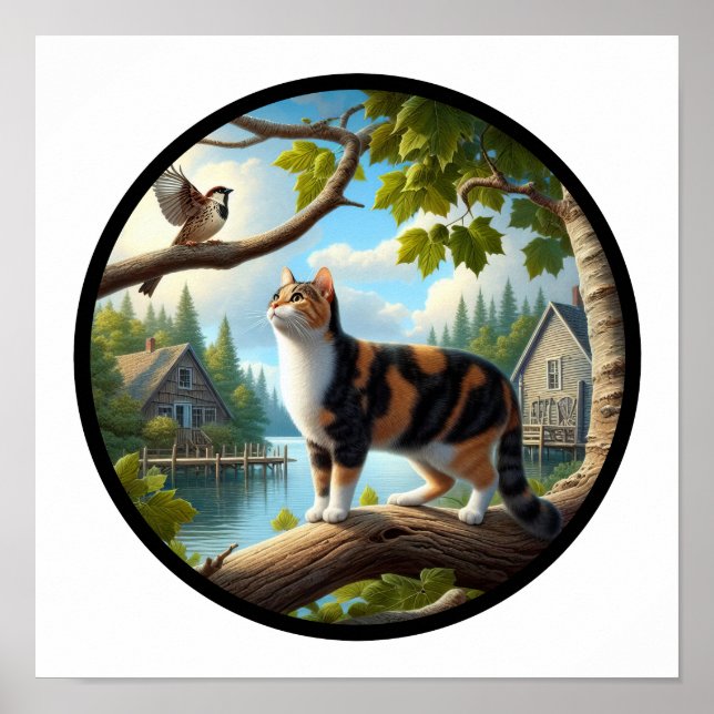 Affiche Une image 3D circulaire d'un beau chat Calico (Devant)