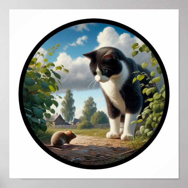 Affiche Une image 3D circulaire d'un beau chat Tuxedo  (Devant)