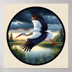 Affiche Une image 3D circulaire d'une belle cigogne blanch