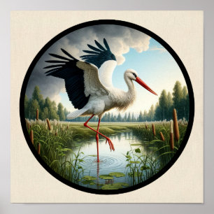 Affiche Une image 3D circulaire d'une belle cigogne blanch