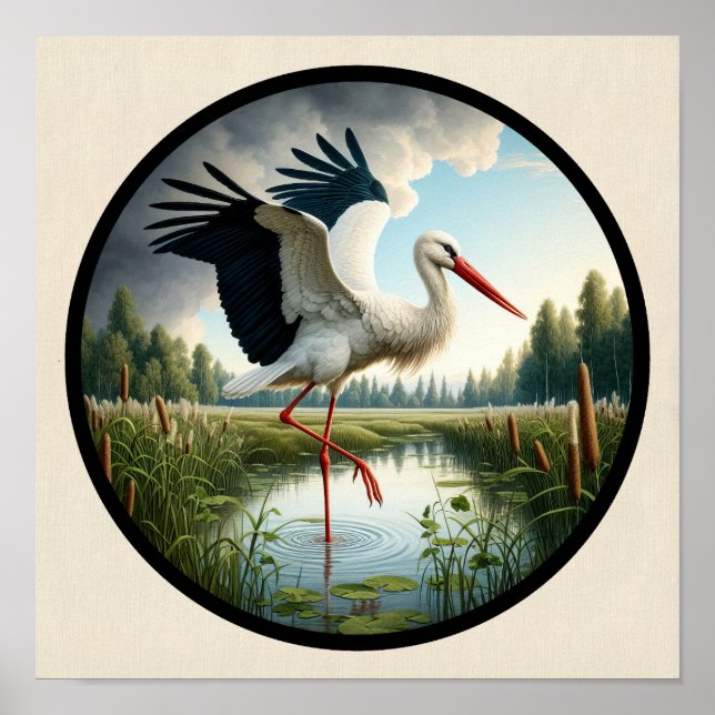 Affiche Une image 3D circulaire d'une belle cigogne blanch (Devant)