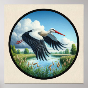 Affiche Une image 3D circulaire d'une belle cigogne blanch